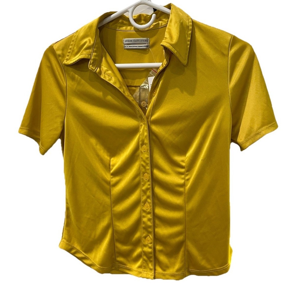 NWT Urban Outfitters Satin Button Up Women Small Yellow Gold Short Sleeve Y2K
